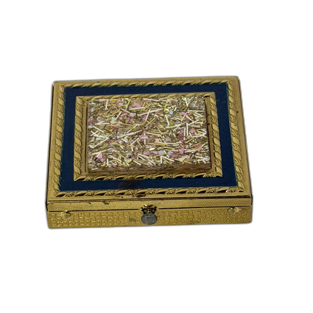 VTG Dorset Fifth Avenue Makeup Compact 50s w/Puff Mirror Lucite Confetti Brass